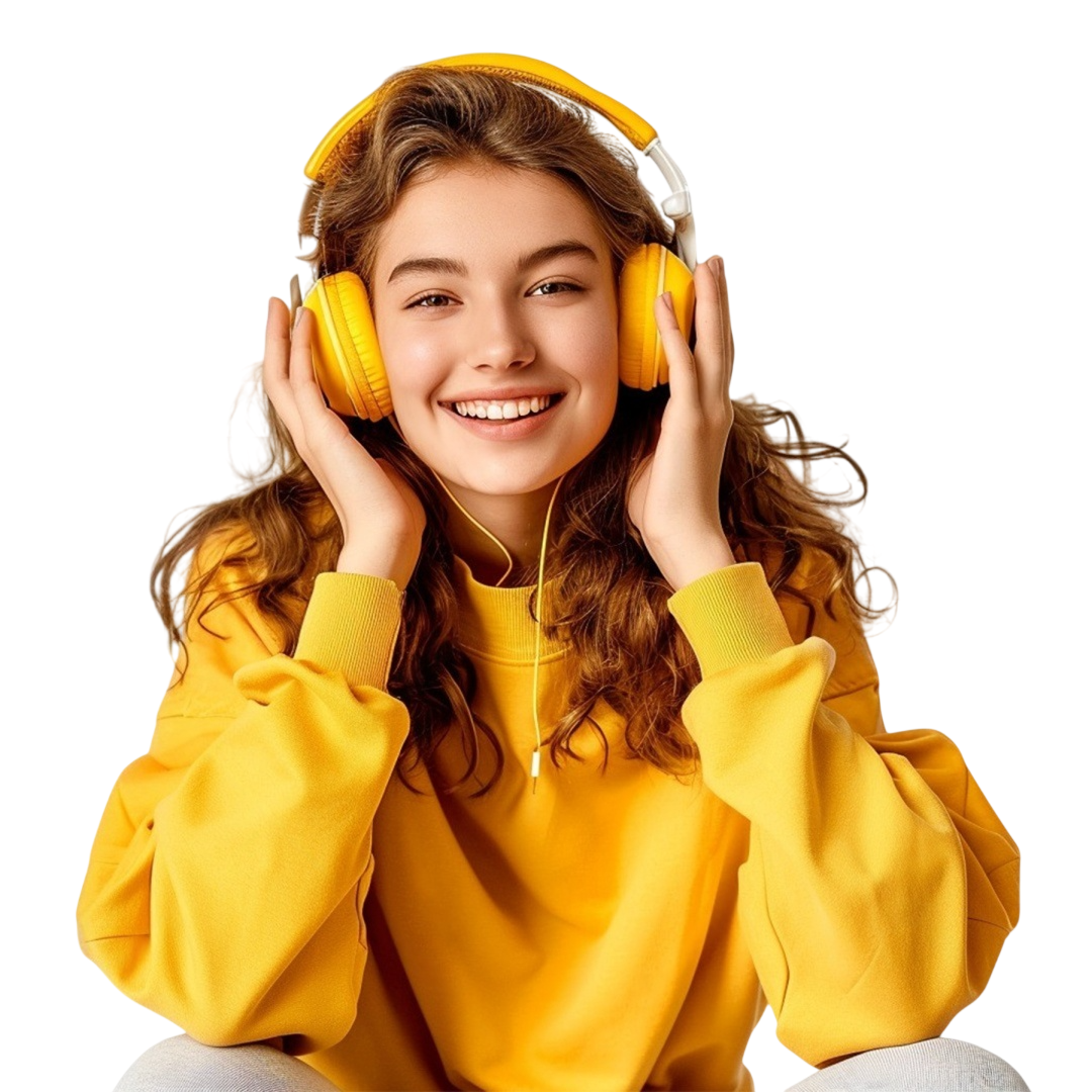 Mulher feliz ouvindo rádio