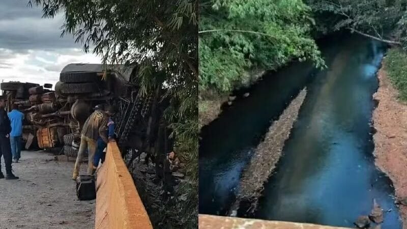 Caminhão carregado com piche tomba em córrego e deixa cidade sem abastecimento de água