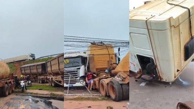 Carretas despencam de viaduto e interditam trecho da rodovia BR-163 em Cuiabá; confira  vídeos