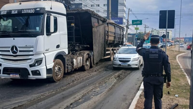 Caminhão derrama detritos de frigorífico e deixa trânsito em meia pista em avenida de VG