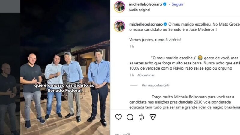 Michelle Bolsonaro confirma apoio a José Medeiros ao Senado: “Meu marido escolheu”