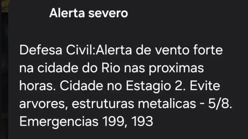 Defesa Civil do Rio envia alerta severo para ventos fortes