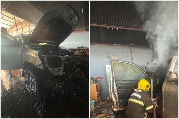 Corpo de Bombeiros combate incêndio em caminhonete em oficina mecânica em Matupá