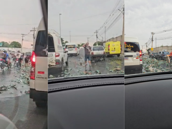 Vídeos mostram populares saqueando cervejas após carga cair de caminhão em Cuiabá