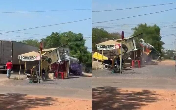 Caminhão arranca fios, derruba árvores e destrói barracas de comerciantes em Cuiabá; vídeos