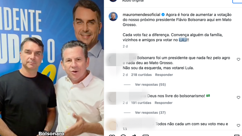 Mauro Mendes conclama eleitores de MT a ampliarem votação de Flávio Bolsonaro no 2º turno